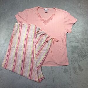 Vintage Simple Pleasures Pink Seersucker Pajama Set Size M Cotton 90s Striped